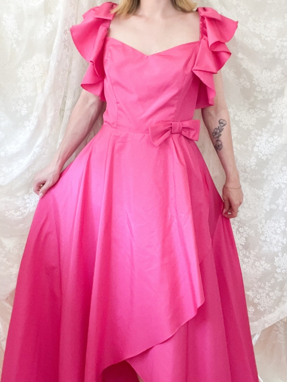 Vintage 1980s Hot Pink Ruffle Bow Formal Gown
